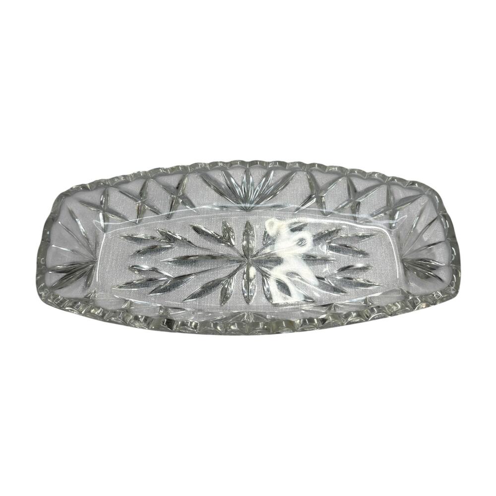 Vintage Pressed Glass Celery Relish Dish Starburst Leaf 9 Inch Clear